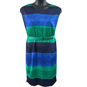 Vintage Anne Klein Women's Size 10 Green Blue Colorblock Belted Knee Length Dres